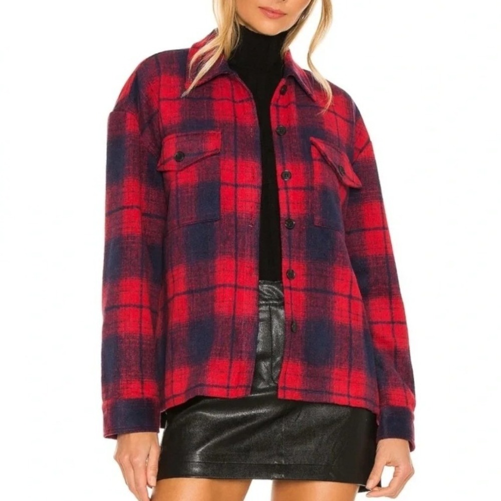 Amanda Uprichard Hollis Plaid Shacket Women XS Red Navy Wool Blend Jacket